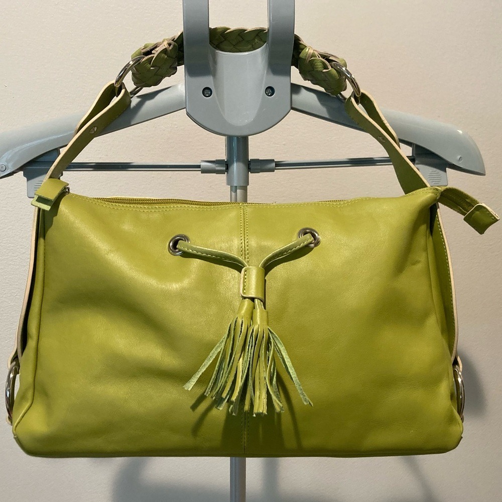 FALOR Firenze Italian Leather Avocado Green Chunky Shoulder Bag Braided Tassel